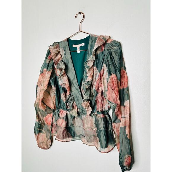 HUTCH Green Floral Chiffon Long Sleeves V-Neck Ruffle Trimmed Sema Top Size S - Picture 6 of 12